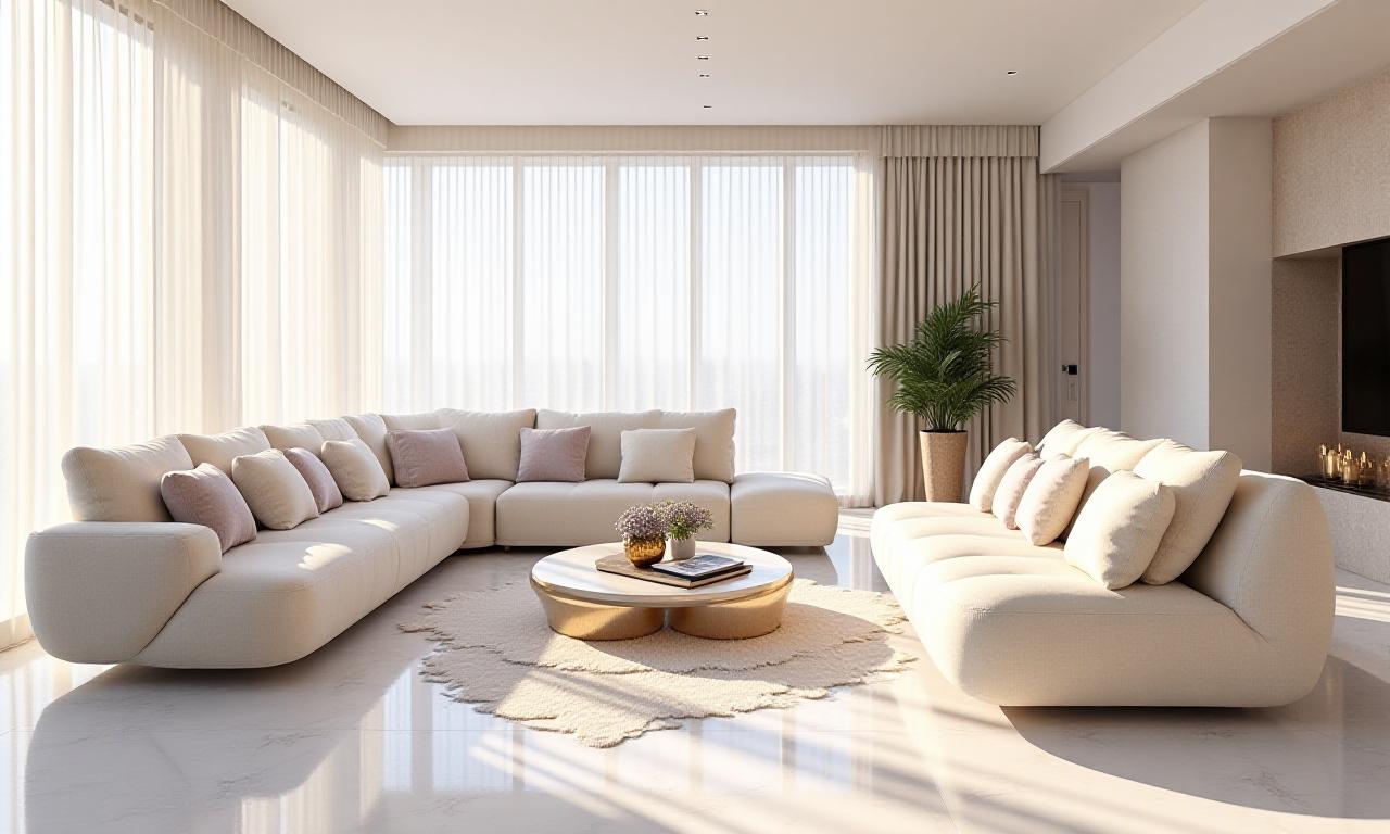 Pristine luxury living room with white marble and sunlight